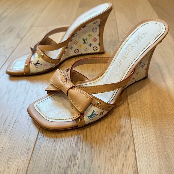 Louis Vuitton Multicolor Monogram White Leather Bow Wedge Sandals 38.5 - Picture 1 of 14
